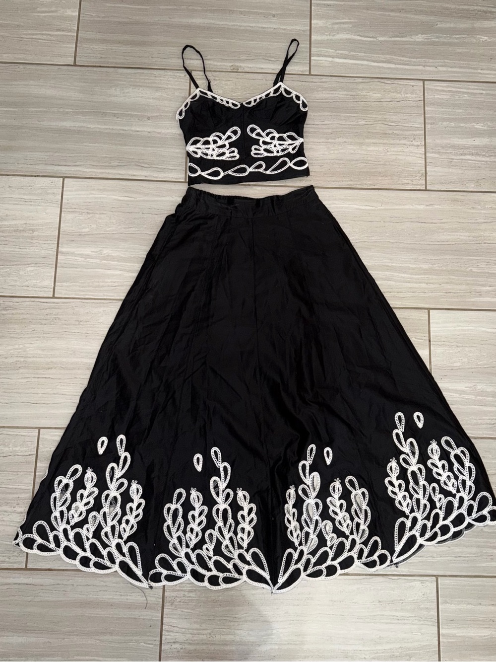 Jason Wu Black Maxi Skirt with White Embroidered Crop Top